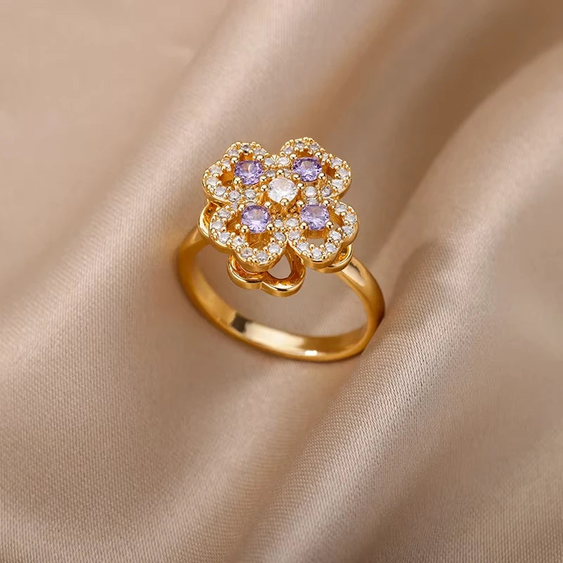 Stainless Steel Zircon Geometric Rings For Women Luxury Evil Eye Gold Color Adjustable Trendy Wedding Aesthetic Jewerly Gift 