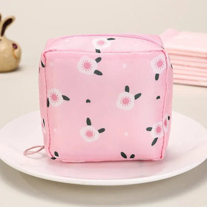 Women Sanitary Napkin Tampon Storage Bag Portable Waterproof Organizer Pouch Cartoon Pattern Sanitary Napkin Bag - Pink Flowe