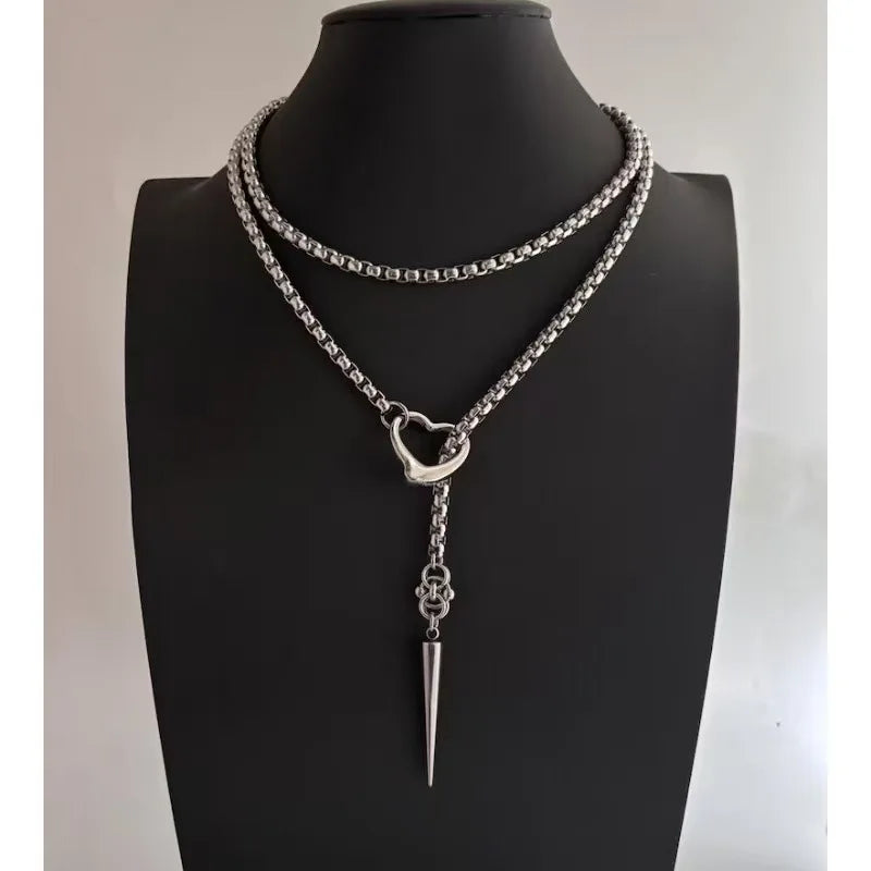 Lariat Necklace Spike Featuring Hammered O-rings Unique Chainmail Pendant Necklace