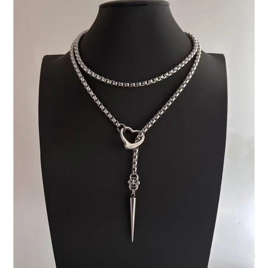 Lariat Necklace Spike Featuring Hammered O-rings Unique Chainmail Pendant Necklace
