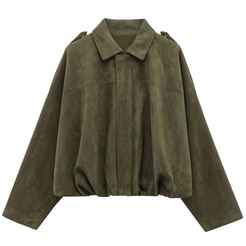 HXAO Women's Bomber Jacket Lapel Long Sleeve Zipper Suede Jacket Women 2025 High Street Cropped Racing Jackets Coats Outerwea