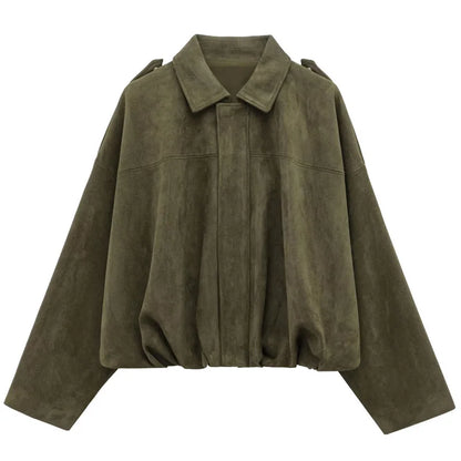 HXAO Women's Bomber Jacket Lapel Long Sleeve Zipper Suede Jacket Women 2025 High Street Cropped Racing Jackets Coats Outerwea