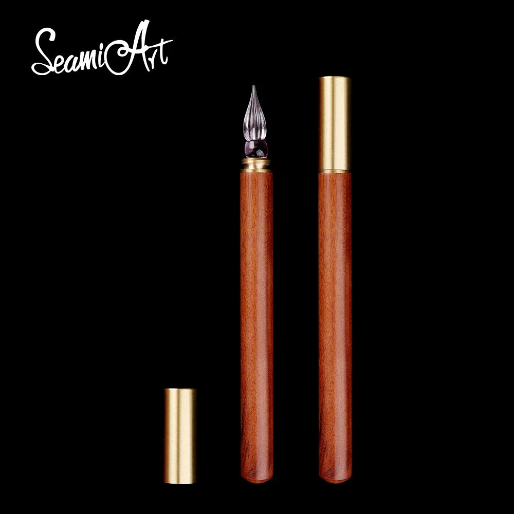 SeamiArt 1pc Wood Handle Glass Dip Pen for Calligraphy Students Writing Stationery Gift Fountain Pen Stationery Supplies