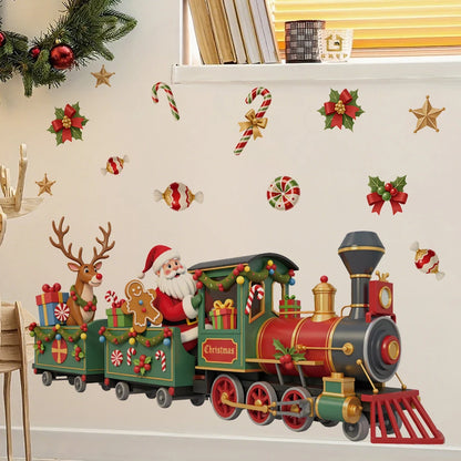 Whimsical Santa Train Christmas Wall Stickers With Candy Holly Removable Self-Adhesive For Kids Room Restaurant Shop Decor