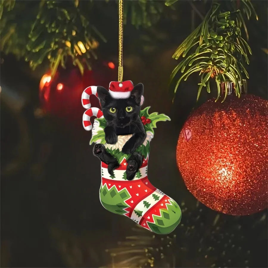 Charming Black Cat Christmas Ornament 2d Acrylic Hanging Decor For Tree Car Mirror Keychain Kid Xmas Gift Holiday Party Suppl