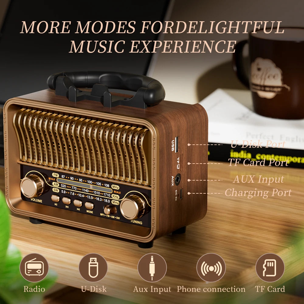 Retro Wireless Radio Portable AM/FM/SW with USB Rechargeable Battery with Antenna, AUX and TF Card Playback, Suitable for Hom