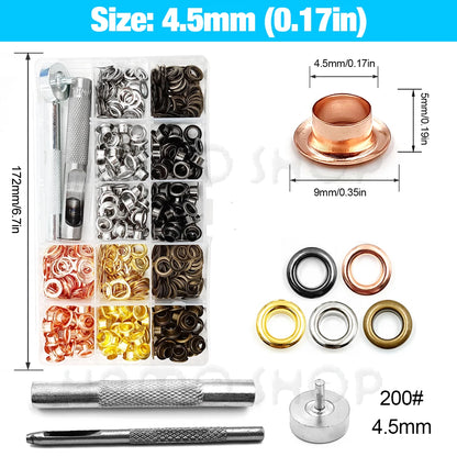 200pcs Metal Eyelet Gromment Kit Eyelet Punch Install Tool Set With Storage Box For LeatherCraft Shoes Belt Cap Bag Tags Clot