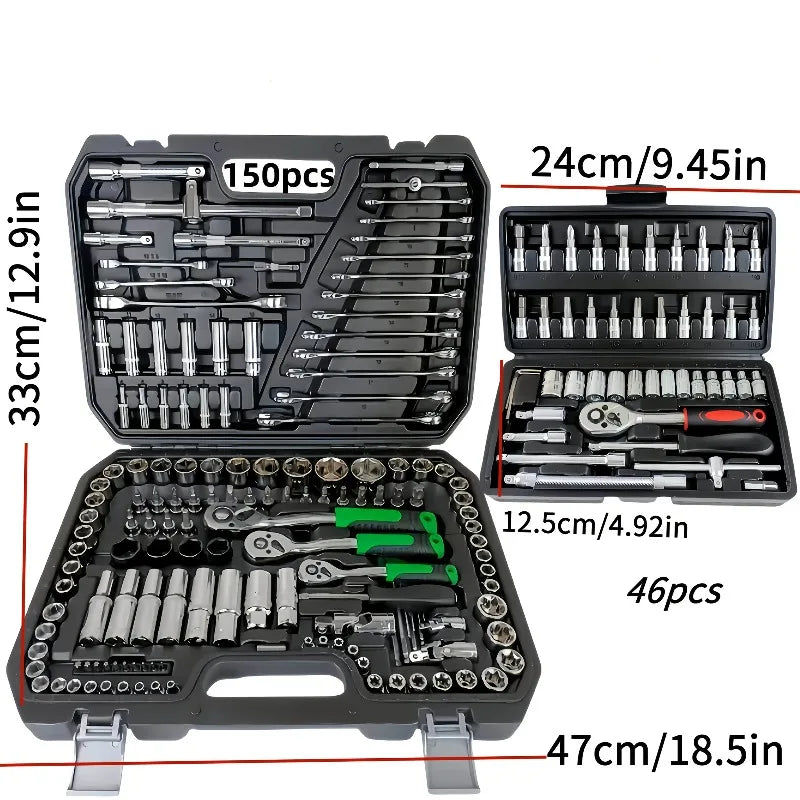 150/46Pcs Premium Heavy Duty CR-V Socket Wrench Ratchet Set, Multifunctional Auto Mechanical Repair Tool Kit with Storage Cas