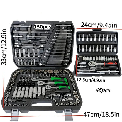 150/46Pcs Premium Heavy Duty CR-V Socket Wrench Ratchet Set, Multifunctional Auto Mechanical Repair Tool Kit with Storage Cas