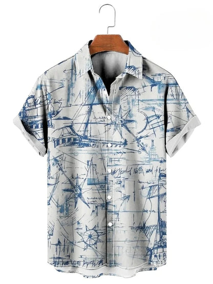 Vintage Button Up Shirt Man 3d Map Printed Short Sleeve Hawaiian Shirt Lapel Men's Clothing Casual Fashion Tops Oversized Tsh