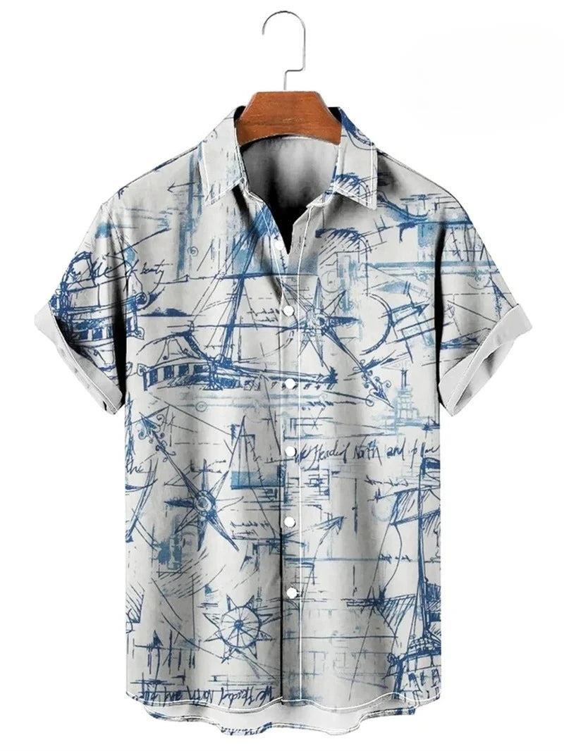 Vintage Button Up Shirt Man 3d Map Printed Short Sleeve Hawaiian Shirt Lapel Men's Clothing Casual Fashion Tops Oversized Tsh