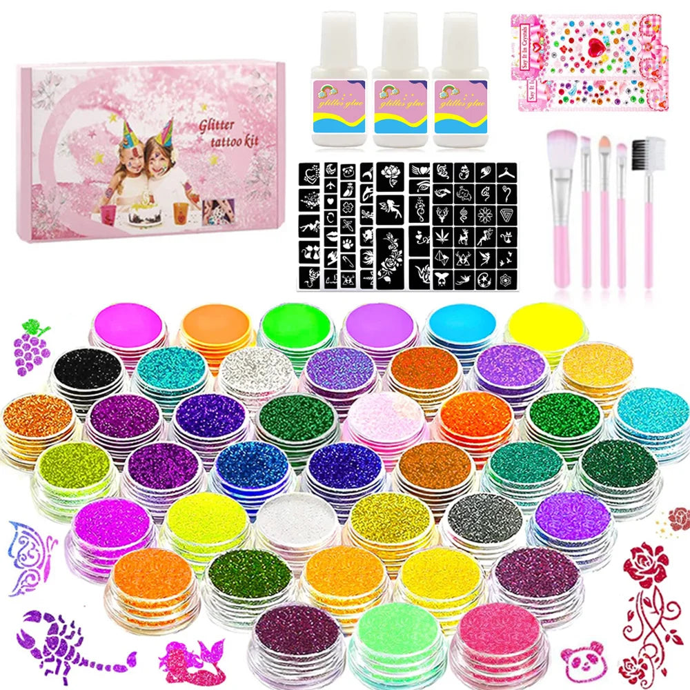12 Color Temporary Glitter Tattoo Kit with 24 Stencils 4 Luminous Tattoo Stickers Arts Glitter Make Up Christmas Holiday Gift