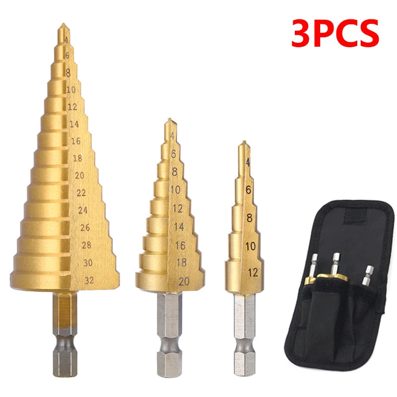 4-32 mm 4-20 mm HSS Titanium Coated Step Drill Bit High Speed Steel Metal Wood Hole Cutter Cone Drilling Tool - 3PC 4-12 4-20