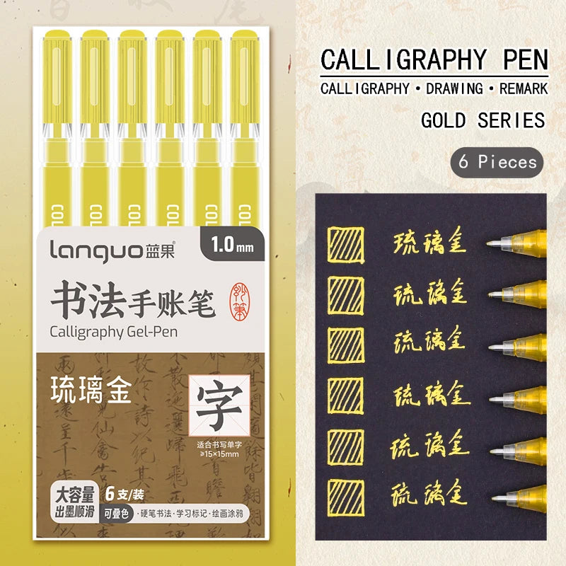6 Pcs/Set Large Capacity Calligraphy Gel Pen 1.0mm Hard Tip Pens for Journaling Drawing Practice Planner Writing Stationery -