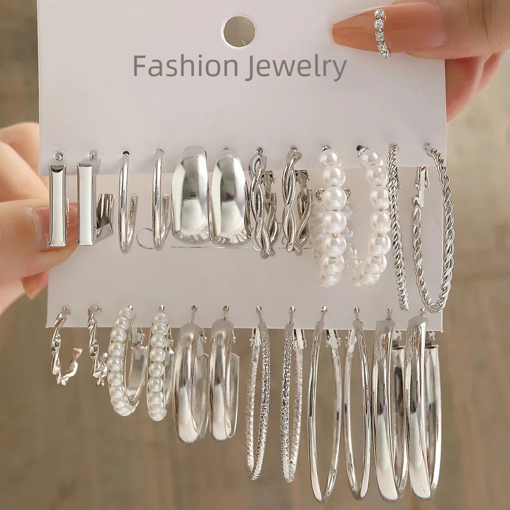 Vintage Silver Color Y2K Pearl Earrings for Women Geometry Round Circle Square Hoop Earring Set Fashion Female Jewelry Access