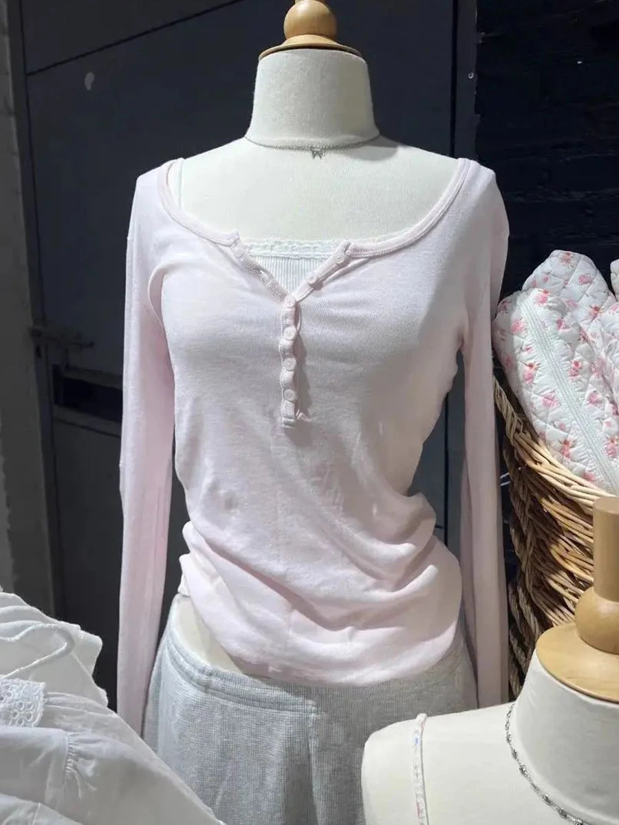 Six Buttons Ribbed Long Sleeve T-shirts Women Spring Round Neck Cotton Slim Tee Top Female Sweet Cute Pink Tshirt Y2k Tops Ne