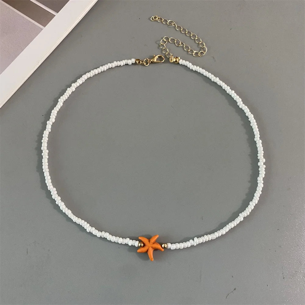 Shell Starfish Woman Short Necklace Summer Holiday Gift Handmade Choker Seed Beads Neck Jewelry White - D