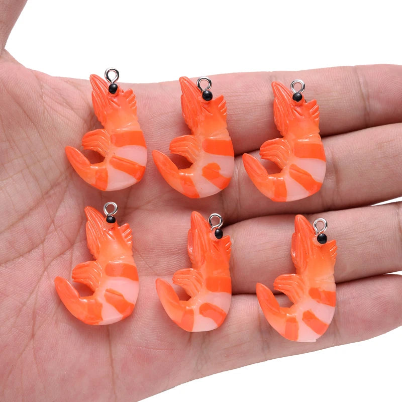 10Pcs Cute 3D Design Simulation Lobster Shrimp Resin Pendants Acrylic Cartoon Food Animal Charms for Jewelry Making Necklace