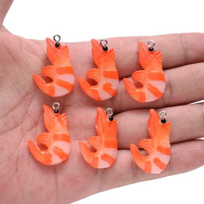 10Pcs Cute 3D Design Simulation Lobster Shrimp Resin Pendants Acrylic Cartoon Food Animal Charms for Jewelry Making Necklace