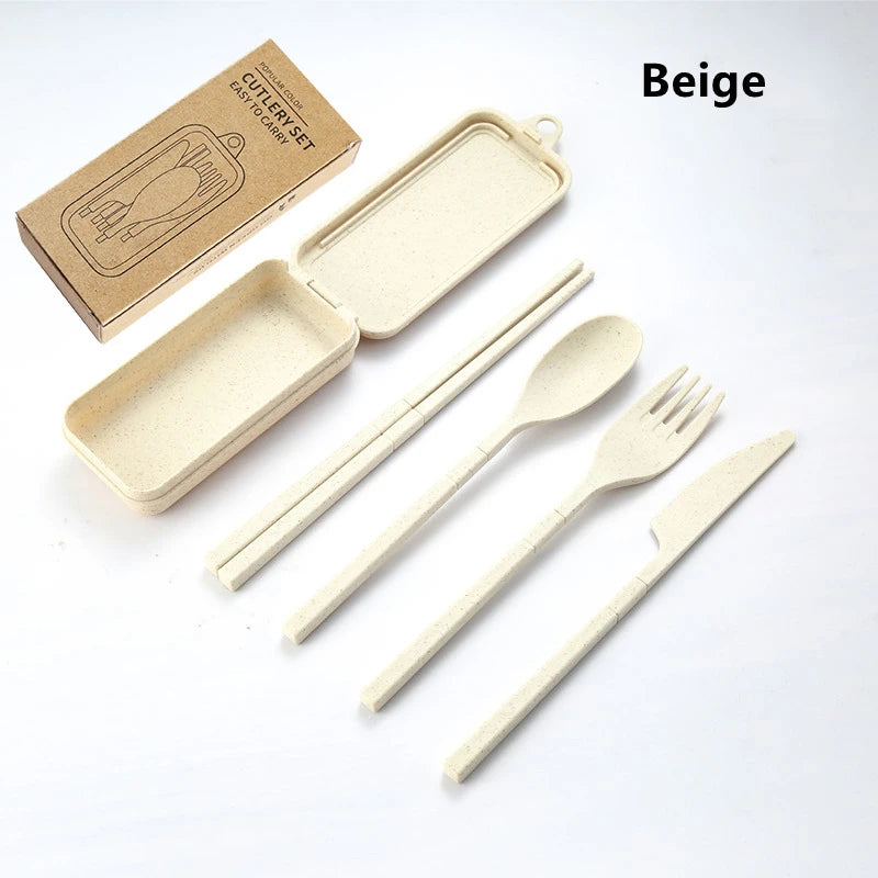 4Pcs Portable Tableware Set Wheat Straw Dinnerware Detachable Cutlery Travel Tableware Picnic Dinnerware Set Camping Cutlery 