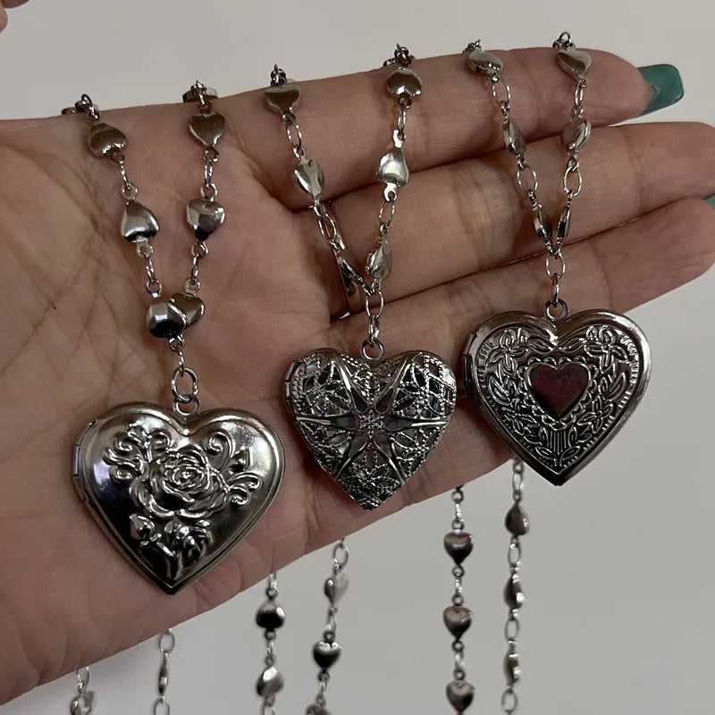 Romantic Heart Locket Pendant Openable Female Silver Color Stainless Steel Photo Frame Charm Necklace for Women Men Jewelry G