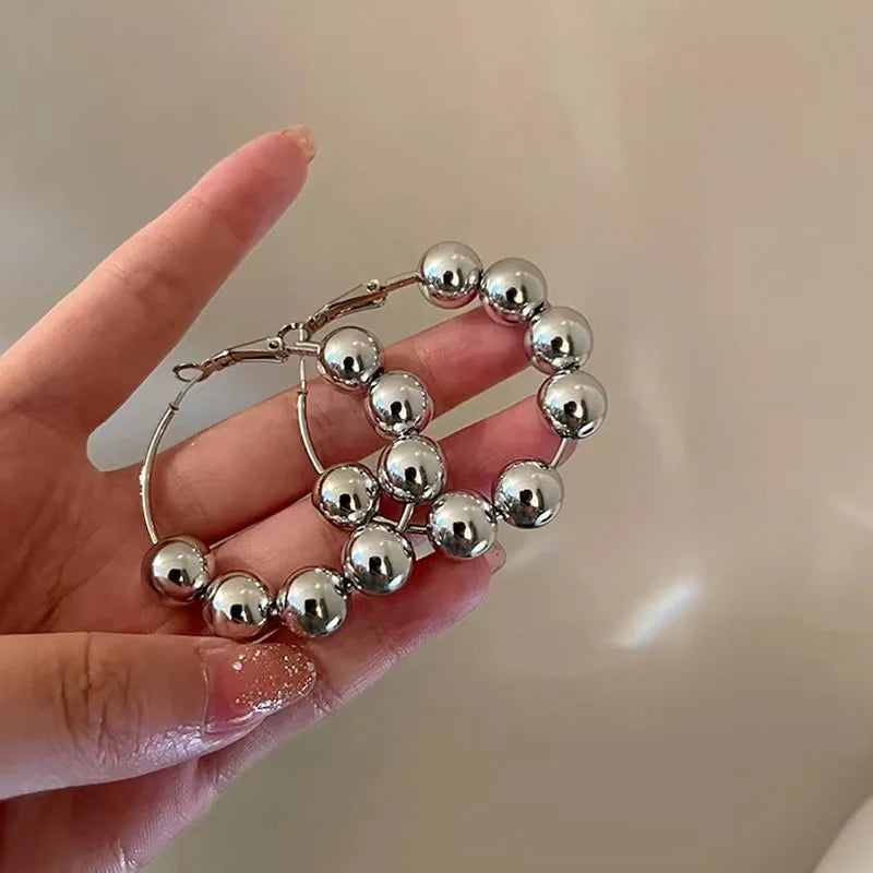 Fashion Silver Color Beads Hoop Earring Party - Silver