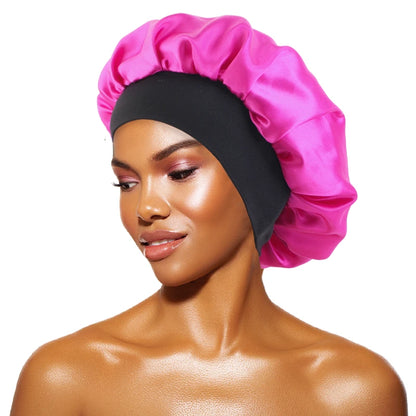 Women's Satin Solid Bonnets Wide-brimmed Night Sleeping Bathing Hat Unisex Head Wrap Elastic Band Cap Hair Care Bonnet - Rose
