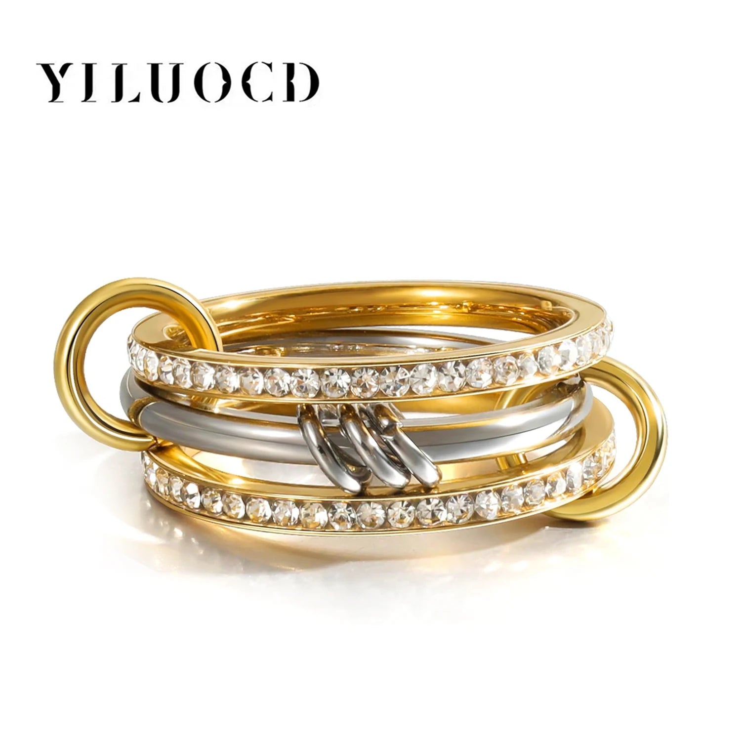 New Stainless Steel Cubic Zirconia Stackable Rings for Women 18k GoldPlating Multi-Link Connected Statement Ring Stack Jewelr