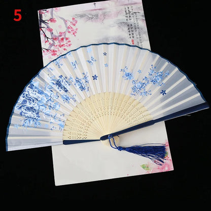 1Pc Vintage Silk Folding Fan Retro Chinese Japanese Bamboo Folding Fan Tassel Dance Hand Fan Home Decoration Ornament Craft G