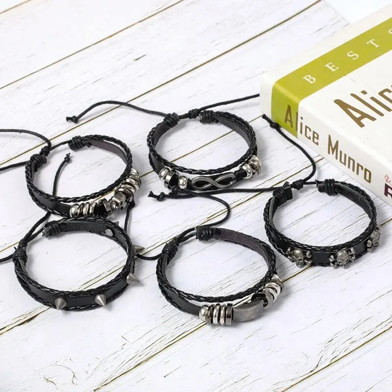 5pcs Metal Diy Braided Punk Style Bracelet Set, Featuring Pu Leather And Beads