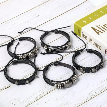 5pcs Metal Diy Braided Punk Style Bracelet Set, Featuring Pu Leather And Beads