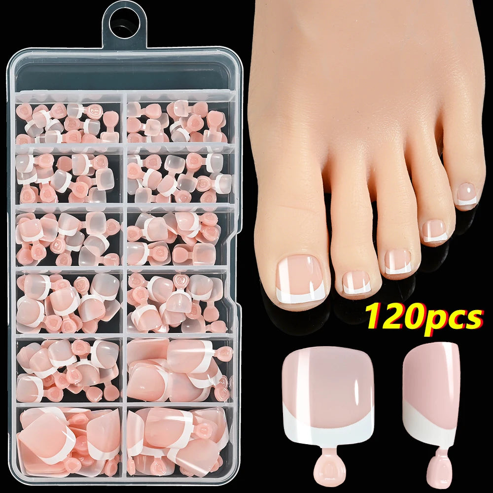 100Pcs White Short Square Flase Toenails Summer Press On Toes Full Cover Tips Pure Color Acrylic Artificial Wearable Toenails