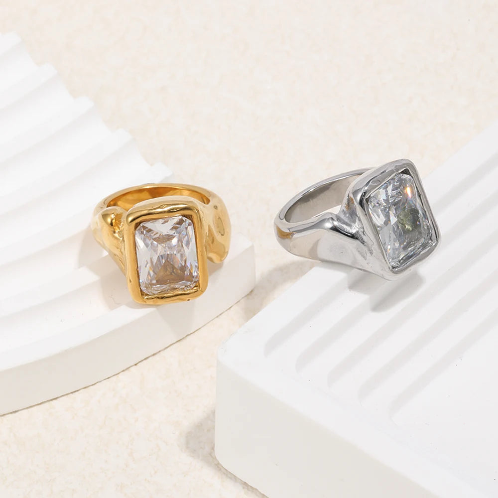 E.B.belle Gold Plated Deep-patterned Square Zircon Ring Simple Statement With Irregular Design Tarnish Free Women's Jewelry