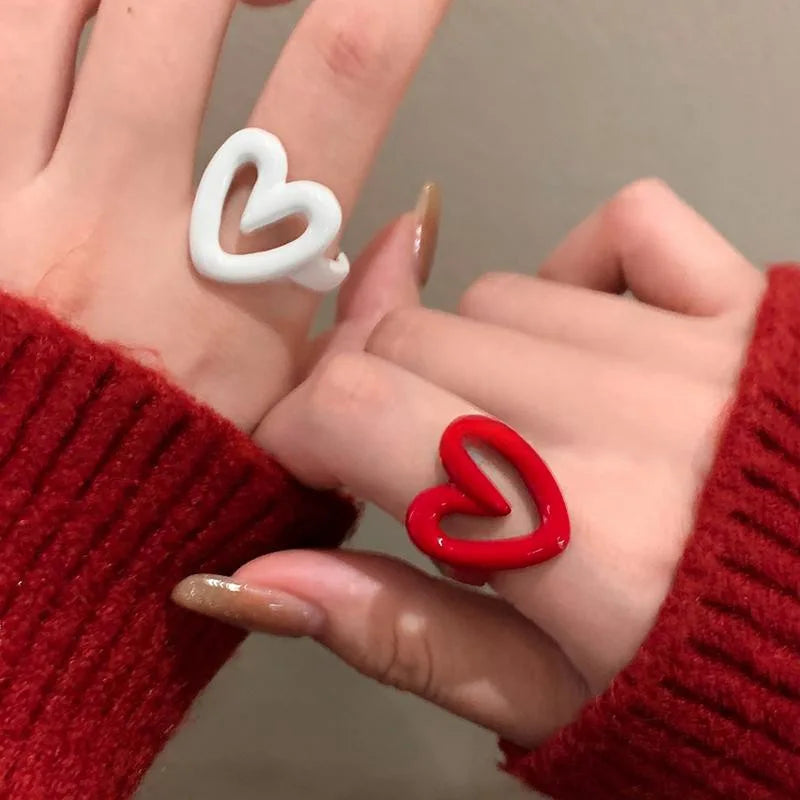 LATS White Red Enamel Heart Sweet Ring for Women Girls Trendy Geometric Dripping Oil Y2K Opening Rings Jewelry Gift