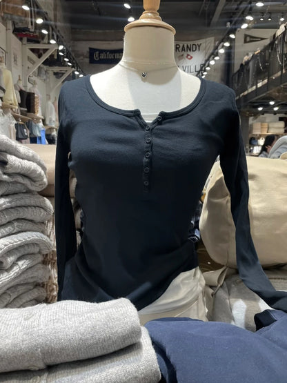 Six Buttons Ribbed Long Sleeve T-shirts Women Spring Round Neck Cotton Slim Tee Top Female Sweet Cute Pink Tshirt Y2k Tops Ne
