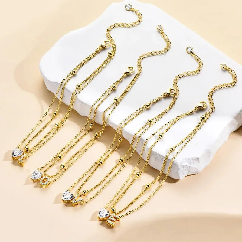 Ankle Bracelets for Women Waterproof 14K Gold Plated CZ Initial Dainty Layered Heart Anklets Foot Chain Summer Beach Jewelry