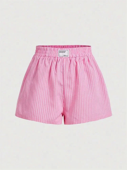 Striped Letter Label Shorts for Women Summer Casual Pink Elastic Waist Shorts Streetwear