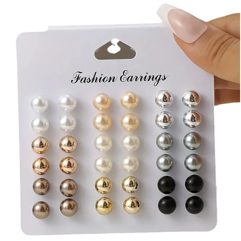 18 Pairs Elegant Multi-color Imitation Pearl Stud Earrings Korean Charm Ball Bead Earrings Women Trend Party Wedding Jewelry 