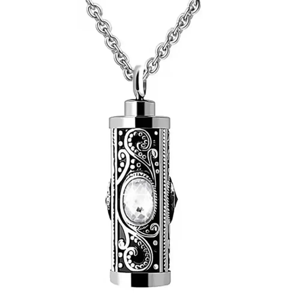 For Men Crystal Cremation Urn Necklace Cylinder Waterproof Ashes Pendant Retro Style Keepsake Memorial Jewelry Human Ashes