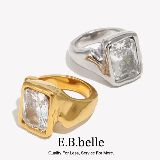 E.B.belle Gold Plated Deep-patterned Square Zircon Ring Simple Statement With Irregular Design Tarnish Free Women's Jewelry