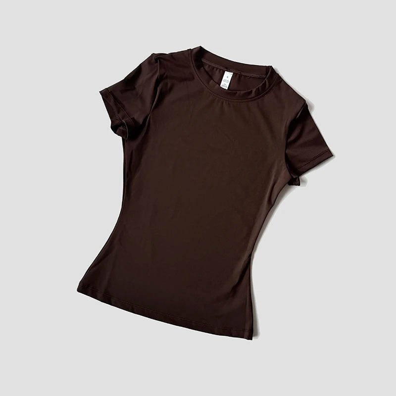 Women Yoga Top Seamless Sport T Shirts Fitness Clothes Short Sleeve Yoga Shirt Gym Top Running Active Wear - Coffee / L