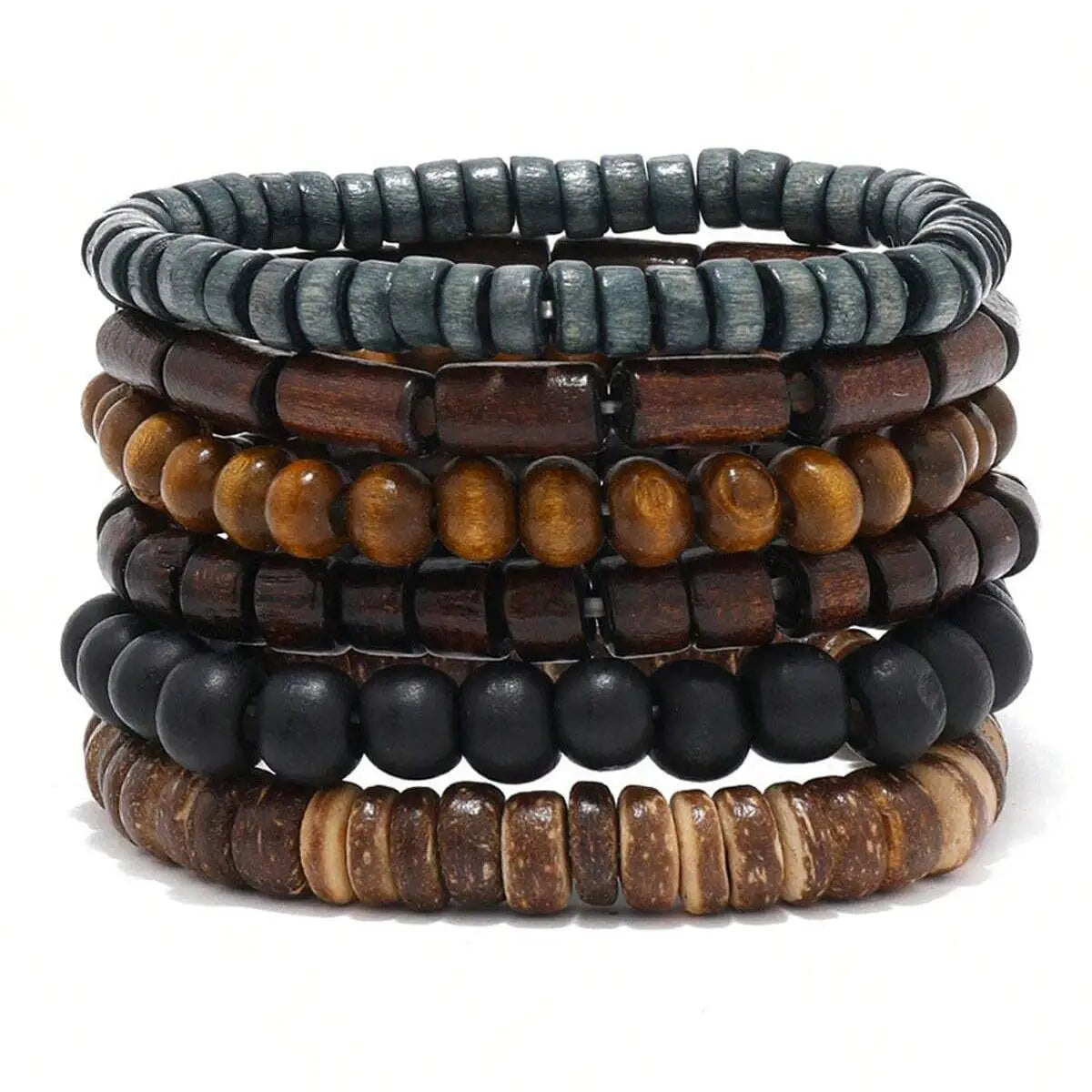 6PCS Wodeen Braided Wrap Leather Bracelet for Men Vintage Life Wood Beads Fashion Male Armband - 6pcs