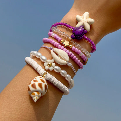 Tocona Bohemian Resort Style Shell Beaded Weaving Bracelet Beach Style Starfish Rice Beads Seven Piece Set for Women 25134