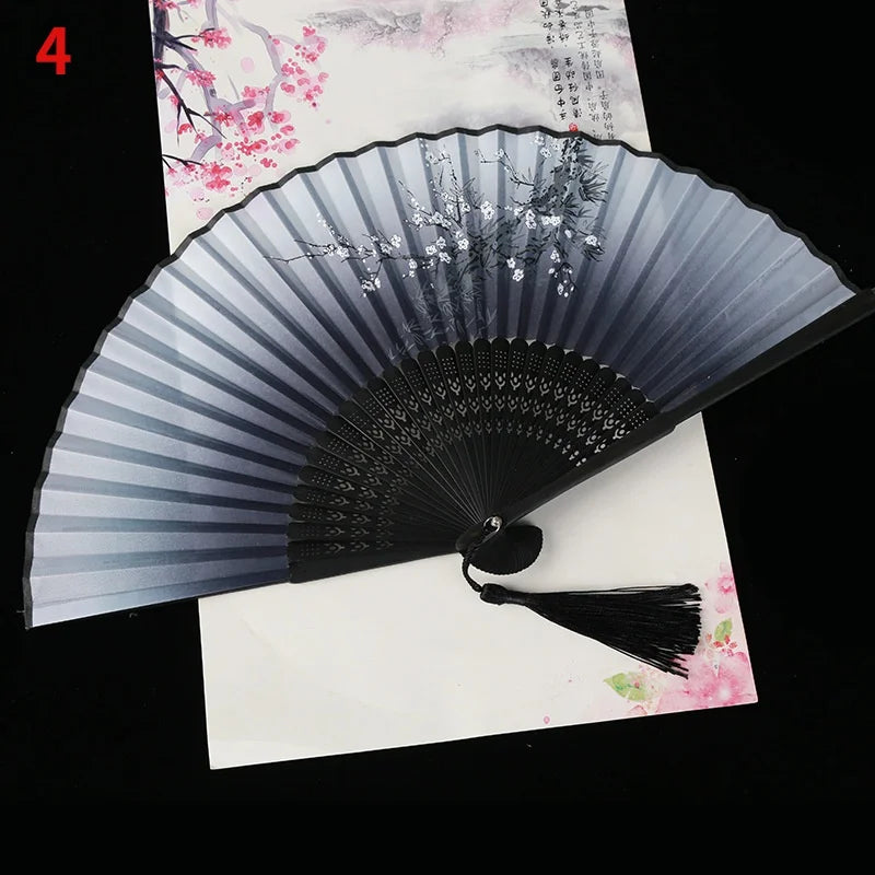 1Pc Vintage Silk Folding Fan Retro Chinese Japanese Bamboo Folding Fan Tassel Dance Hand Fan Home Decoration Ornament Craft G