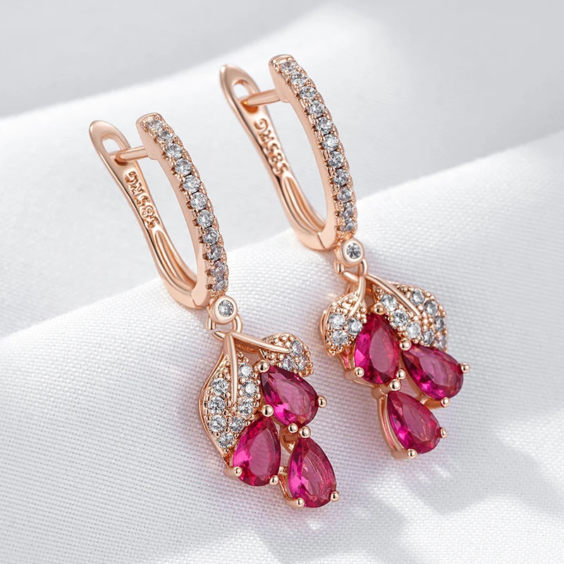 Wbmqda Red Pomegranate Flower Long Drop Earrings For Women 585 Rose Gold Color Luxury Elegant Zircon Jewelry Accessories - Re