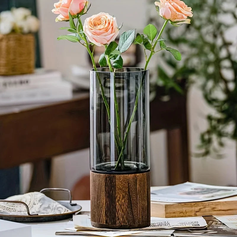 Elegant Glass Vase with Wooden Base for Hydroponic Plants, Modern Tabletop Floral Arrangement Home Decoration