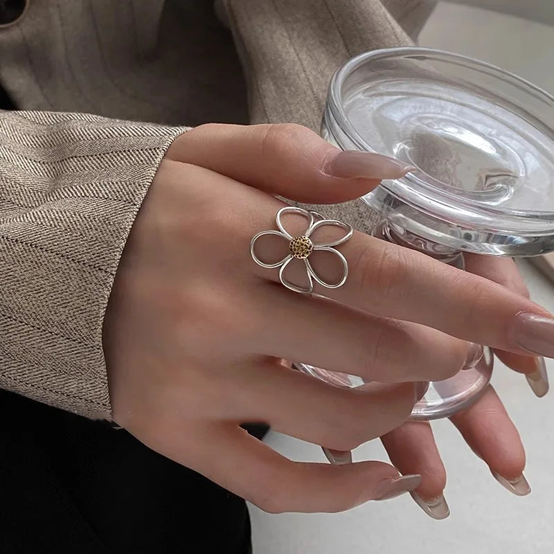 VENTFILLE 925 Sterling Silve Flower Ring for Women Gift Hollow Out Design Retro Hip Hop Versatile Jewelry Party Gift