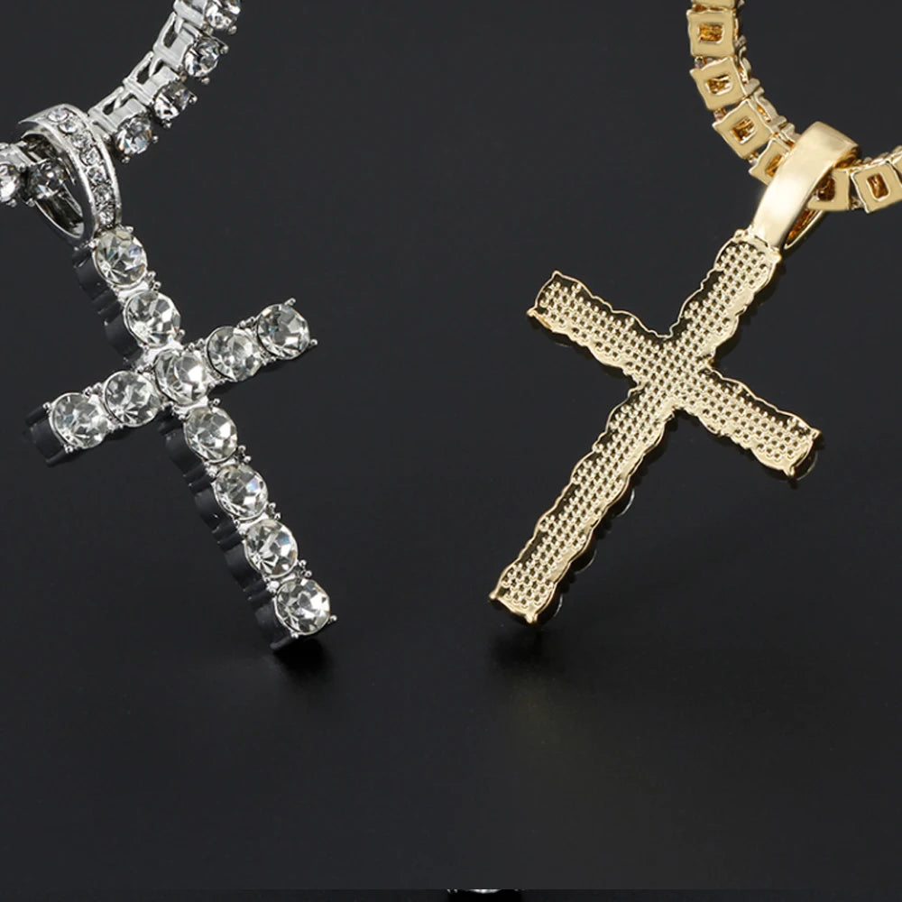 Men Women Hip Hop Cross Pendant Necklace With 4mm Zircon Tennis Chain Iced Out Exquisite Bling Jewelry Fashion Trendy Creativ