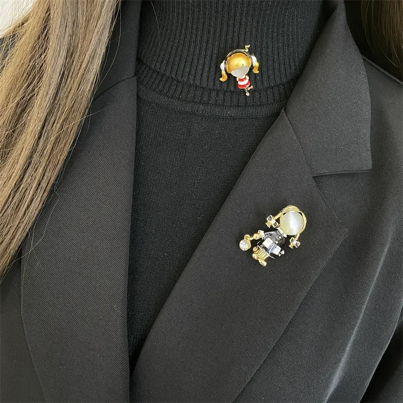 Small Cute Little Girl In Black Dress Nurse Brooches Rhinestone Crystal Brooch Pin Drop Oil Corsage Clothing Coat Jewelry