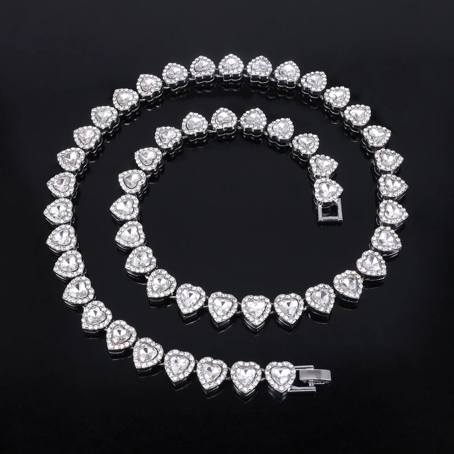 ZAKOL 45CM New Hip Hop Tennis Chain Bracelet Necklace Shiny Heart Rhinestone CZ Fashion Rock Party Jewelry Set - Sliver Color